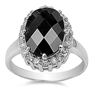 Oval Black CZ Facet Cute Halo Ring New .925 Sterling Silver Band Sizes 6-10