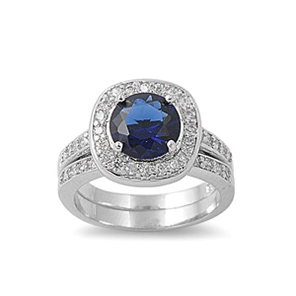 Sterling Silver Blue Sapphire CZ Ring w/ Clear CZ Stones Wedding Band Sizes 5-10