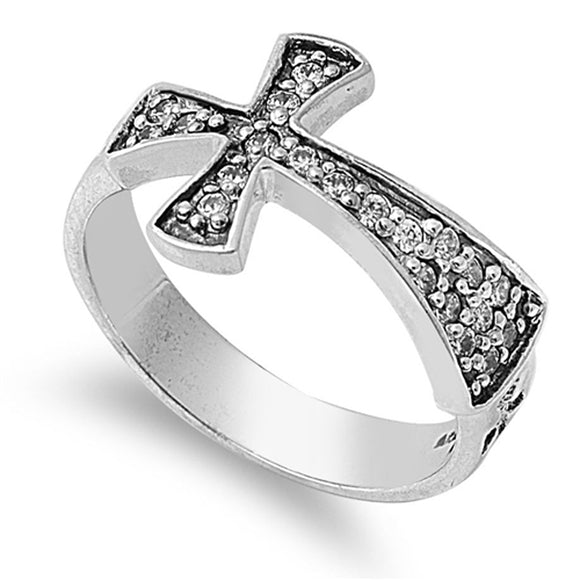 Clear CZ Cross Sideways Micro Paved Ring New 925 Sterling Silver Band Sizes 5-10