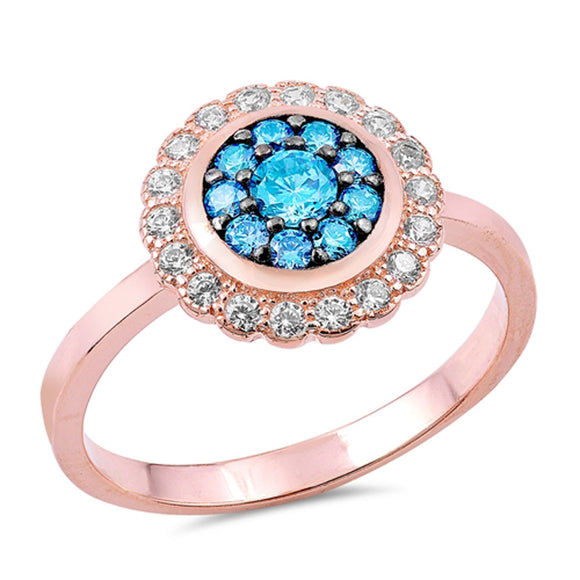 Rose Gold-Tone Aquamarine CZ Flower Halo Ring .925 Sterling Silver Sizes 5-10