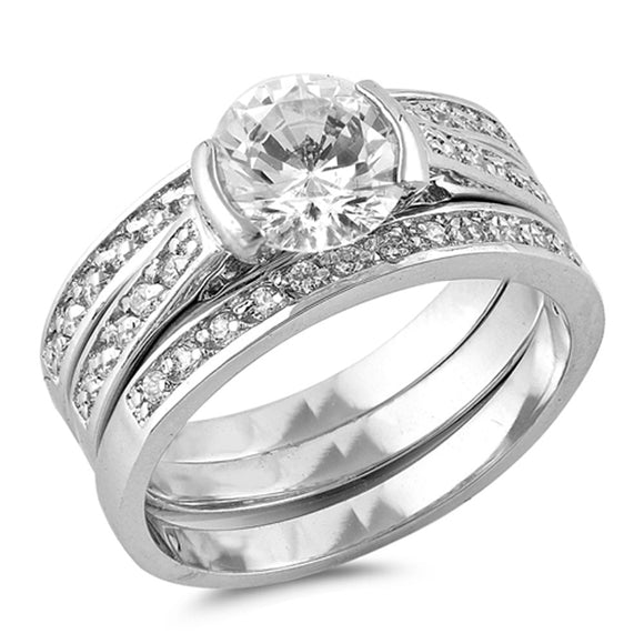 Round Solitaire White CZ Wedding Ring Set .925 Sterling Silver Band Sizes 6-8