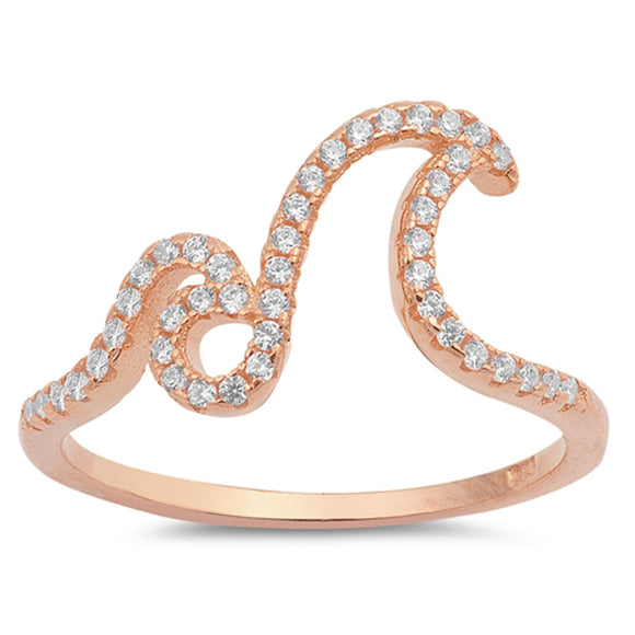 Clear CZ Rose Gold-Tone Ocean Wave Ring New .925 Sterling Silver Band Sizes 4-10