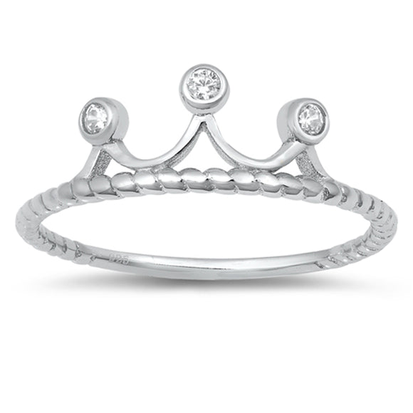 White CZ Twisted Rope Simple Crown Polished Ring New .925 Sterling Silver Band Sizes 4-10