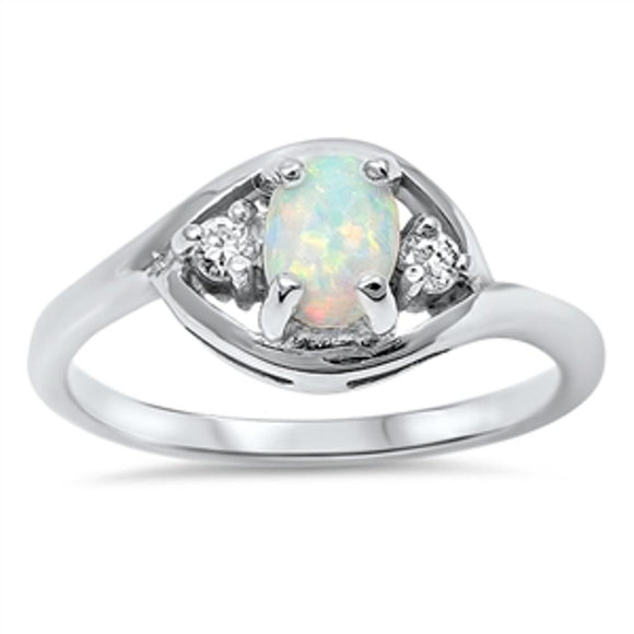 Cute Eye Shape Promise Ring White Lab Opal .925 Sterling Silver Band Sizes 6-9