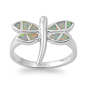 Mystic Lab Opal Dragonfly Animal Dainty Ring 925 Sterling Silver Band Sizes 6-9