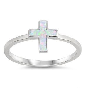 White Lab Opal Cross God Love Ring New .925 Sterling Silver Band Sizes 4-10