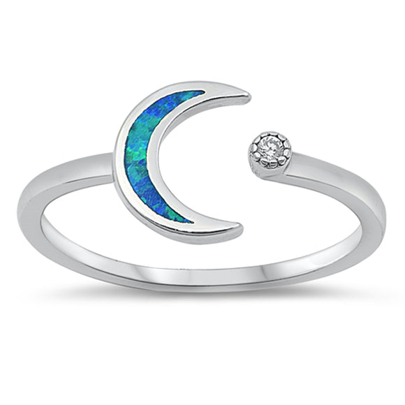 Clear CZ Blue Lab Opal Crescent Moon Ring .925 Sterling Silver Band Sizes 4-10