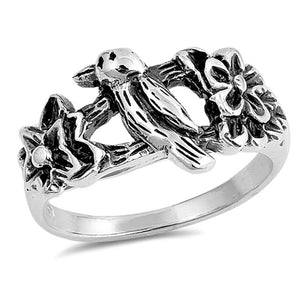 Oxidized Hummingbird Bird Flower Tree Ring .925 Sterling Silver Band Sizes 4-11