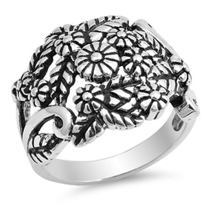 Oxidized Plumeria Floral Flower Filigree Ring Sterling Silver Band Sizes 4-12