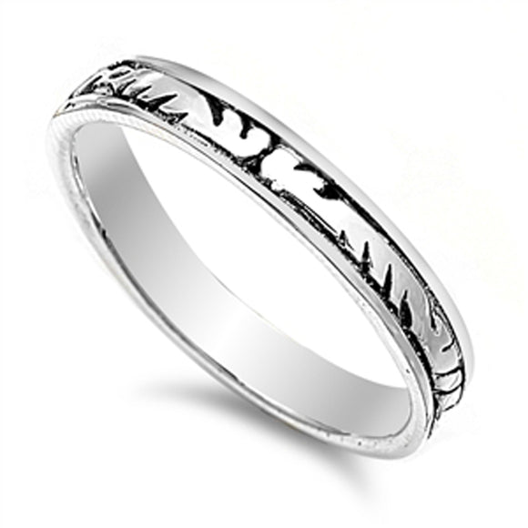 Tribal Marking Thin Oxidized Wedding Ring .925 Sterling Silver Band Sizes 5-9