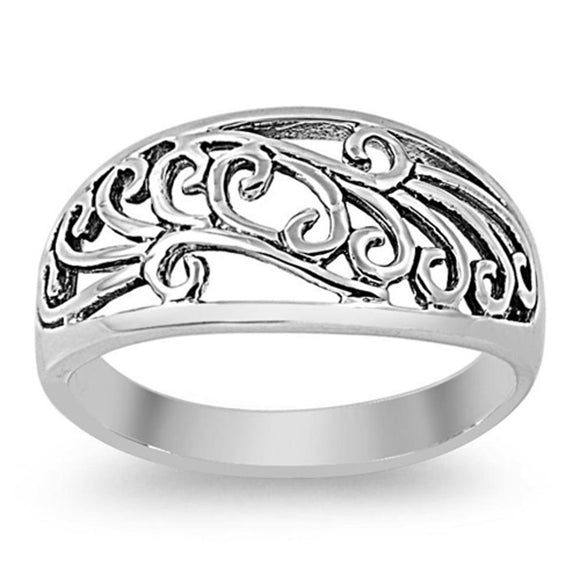 Oxidized Filigree Wave Swirl Tree Leaf Ring .925 Sterling Silver Band Sizes 5-9