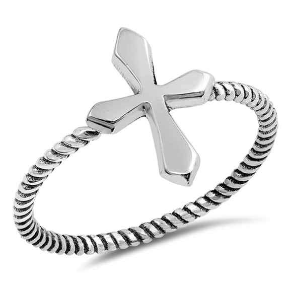 Oxidized Rope Twist Cross Ring New .925 Sterling Silver Catholic Band Sizes 4-10