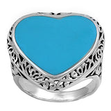 Turquoise Heart Polished Swirl Cutout Ring .925 Sterling Silver Band Sizes 6-10