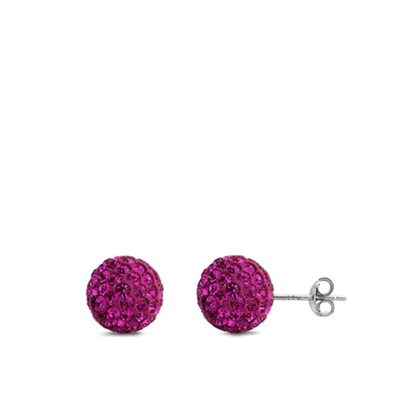 Sterling Silver Wholesale Fuschia Rhinestone Studded Ball Earrings 925 New