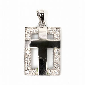 Sterling Silver Clear CZ Bold Cross Pendant Geometric Chunky Cutout Charm 925