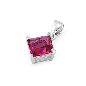 Sterling Silver Elegant Simple Square Plain Rose Pink Simulated CZ Pendant Charm