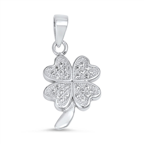 Four Leaf Clover Shamrock Pendant Clear Simulated CZ .925 Sterling Silver Charm