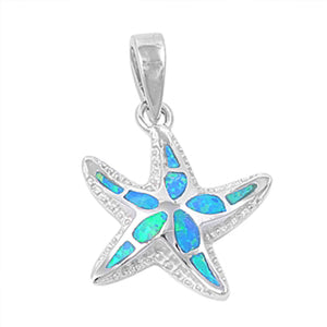 Sterling Silver Blue Synthetic Opal Starfish Pendant Sea Star Ocean Charm 925