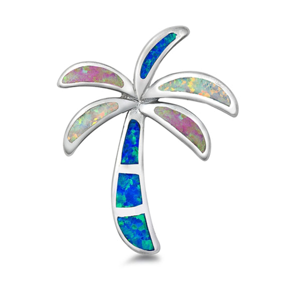 Sterling Silver Blue Synthetic Opal Palm Tree Pendant Multicolor Tropical Charm