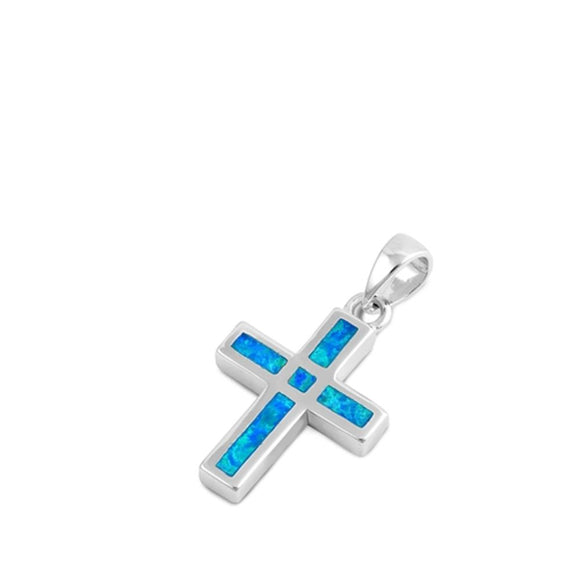 Sterling Silver Blue Synthetic Opal Cross Pendant Traditional Classic Charm 925