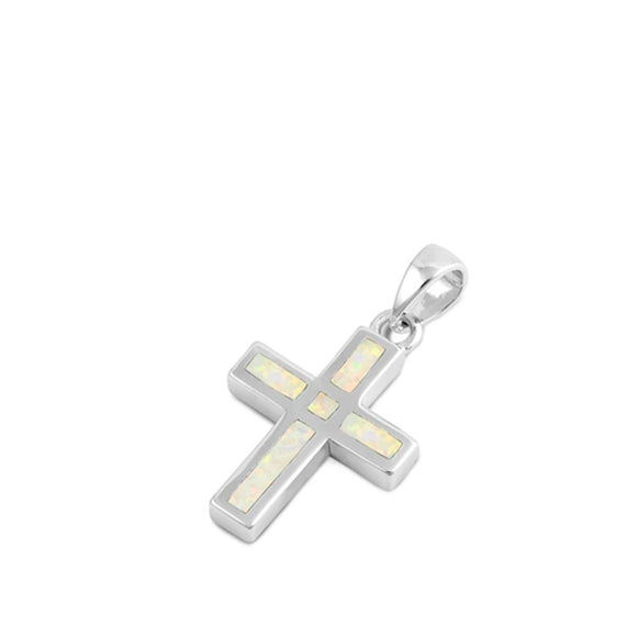 Sterling Silver White Synthetic Opal Cross Pendant Traditional Simple Charm 925