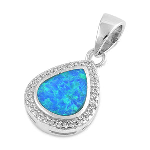 Sterling Silver Blue Synthetic Opal Teardrop Pendant Studded Halo Love Charm 925