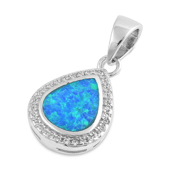 Sterling Silver Blue Synthetic Opal Teardrop Pendant Studded Halo Love Charm 925