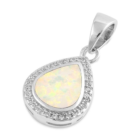 Sterling Silver White Synthetic Opal Modern Teardrop Pendant Halo Studded Charm