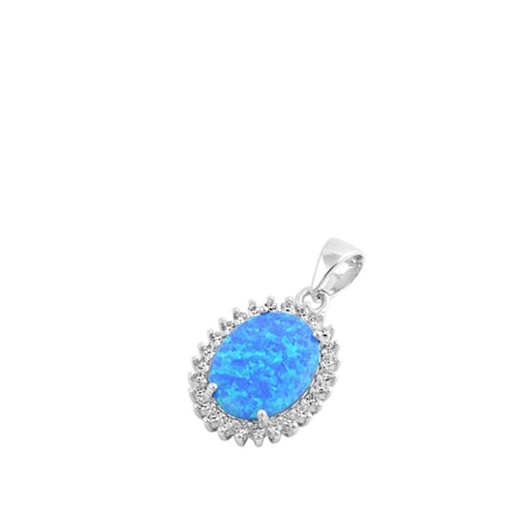 Sterling Silver Blue Synthetic Opal Burst Halo Pendant Oval Vintage Style Charm