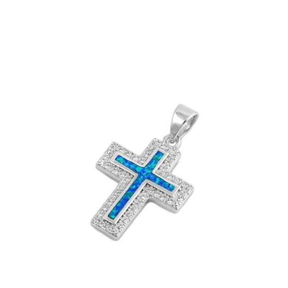 Sterling Silver Blue Synthetic Opal Cross Pendant Elegant Vintage Style Charm