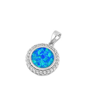 Sterling Silver Blue Synthetic Opal Studded Circle Pendant Halo Vintage Charm