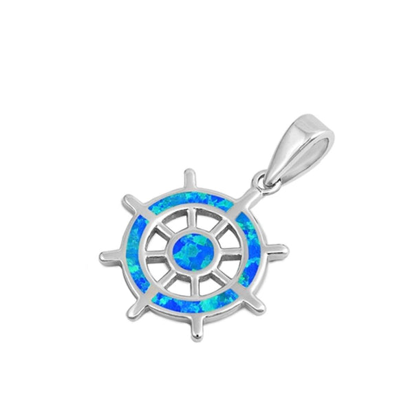 Sterling Silver Blue Synthetic Opal Captains Wheel Pendant Ship Ocean Charm 925