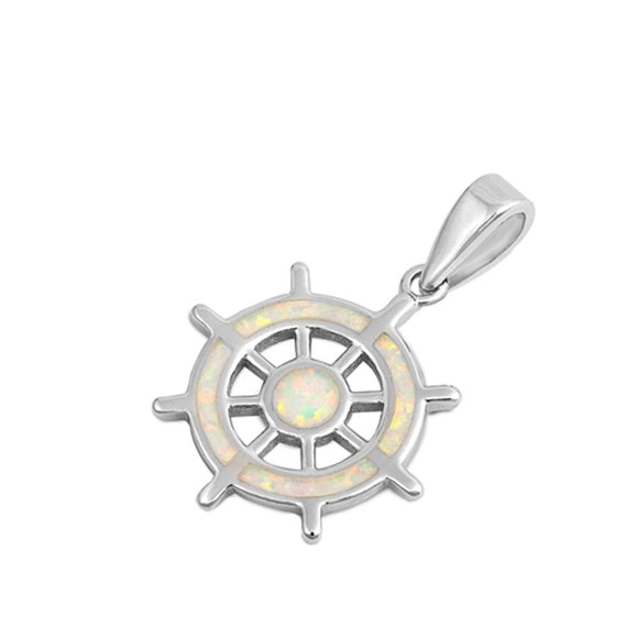 Sterling Silver White Synthetic Opal Captain Wheel Pendant Pirate Ship Charm 925