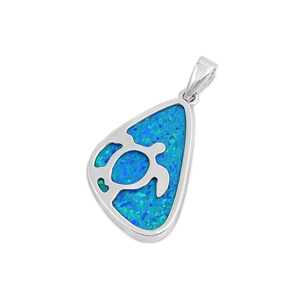 Sterling Silver Blue Synthetic Opal Cutout Turtle Pendant Cute Ocean Charm 925