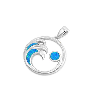 Sterling Silver Blue Synthetic Opal Ocean Wave Pendant Sunset Beach Hoop Charm