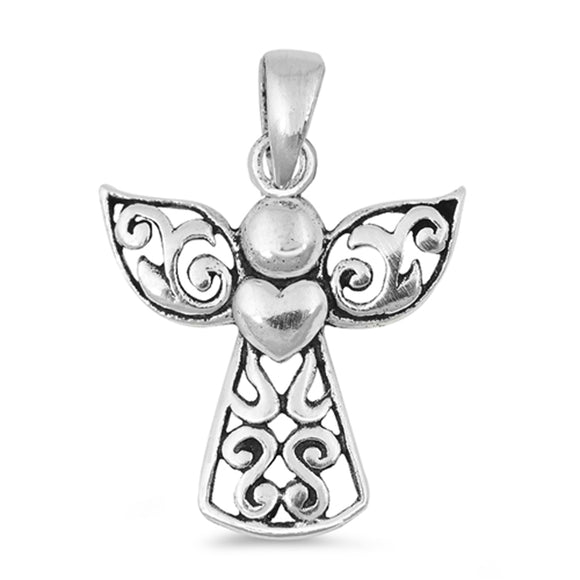 Sterling Silver Cute Angel Pendant Promise Heart Cutout Filigree Swirl Charm 925