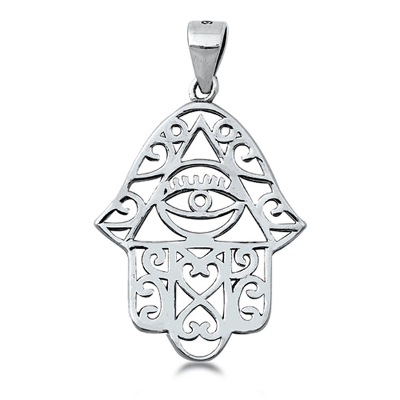 Sterling Silver Ornate Hamsa Pendant Hand of God Evil Eye Filigree Swirl Charm